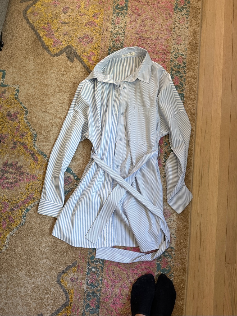 12th Tribe Light Blue & White Striped Mini Shirt Dress